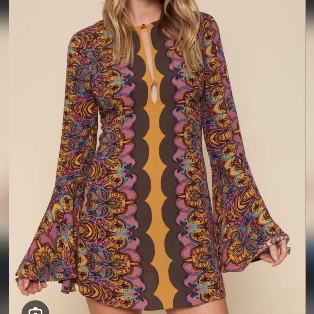 NWT Free People Ossie Vibes Boho Paisley Hippie Bell Sleeve Mini Dress Size 2 - Picture 2 of 14